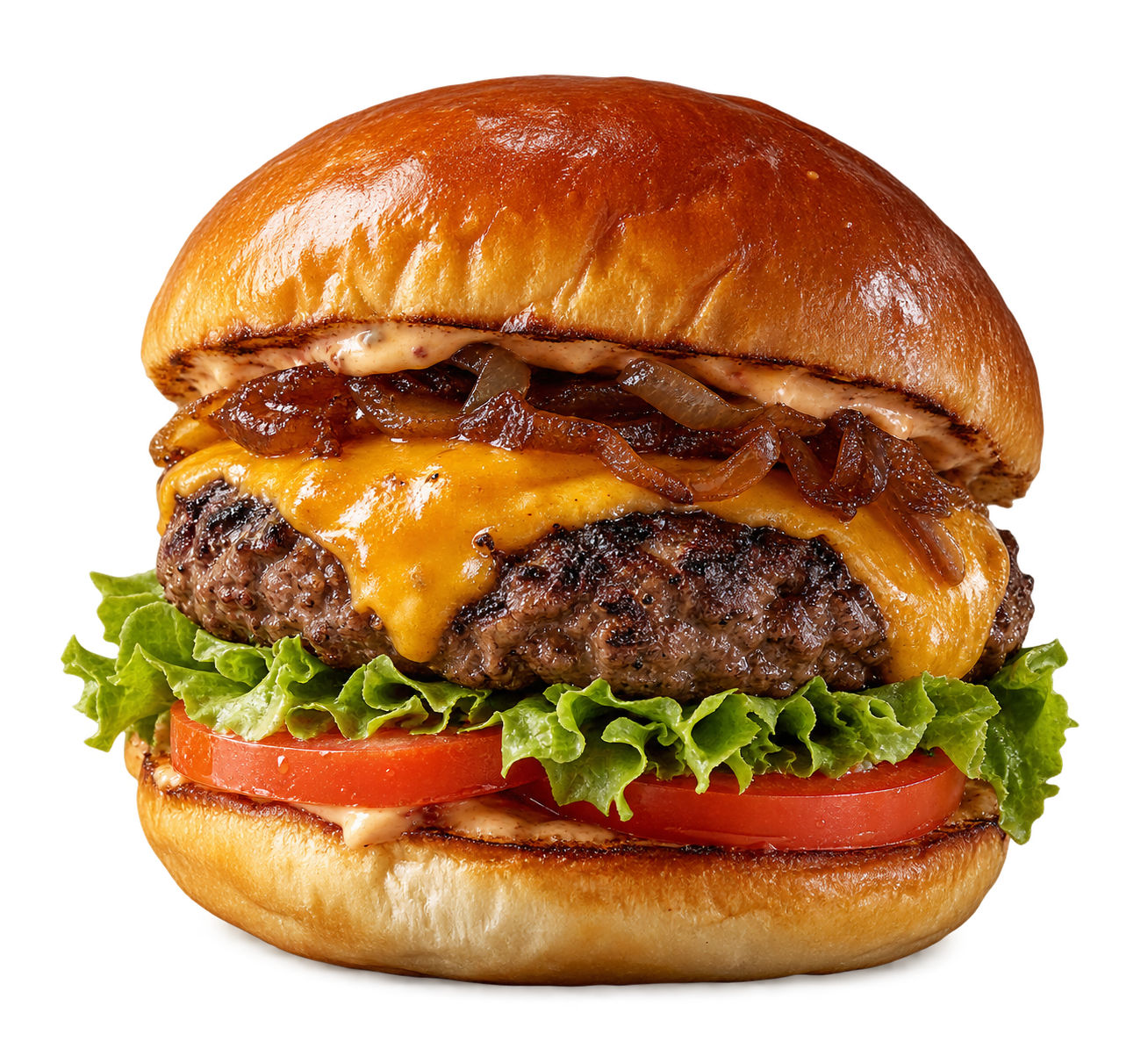 TAM burger with melted cheese and fresh lettuce